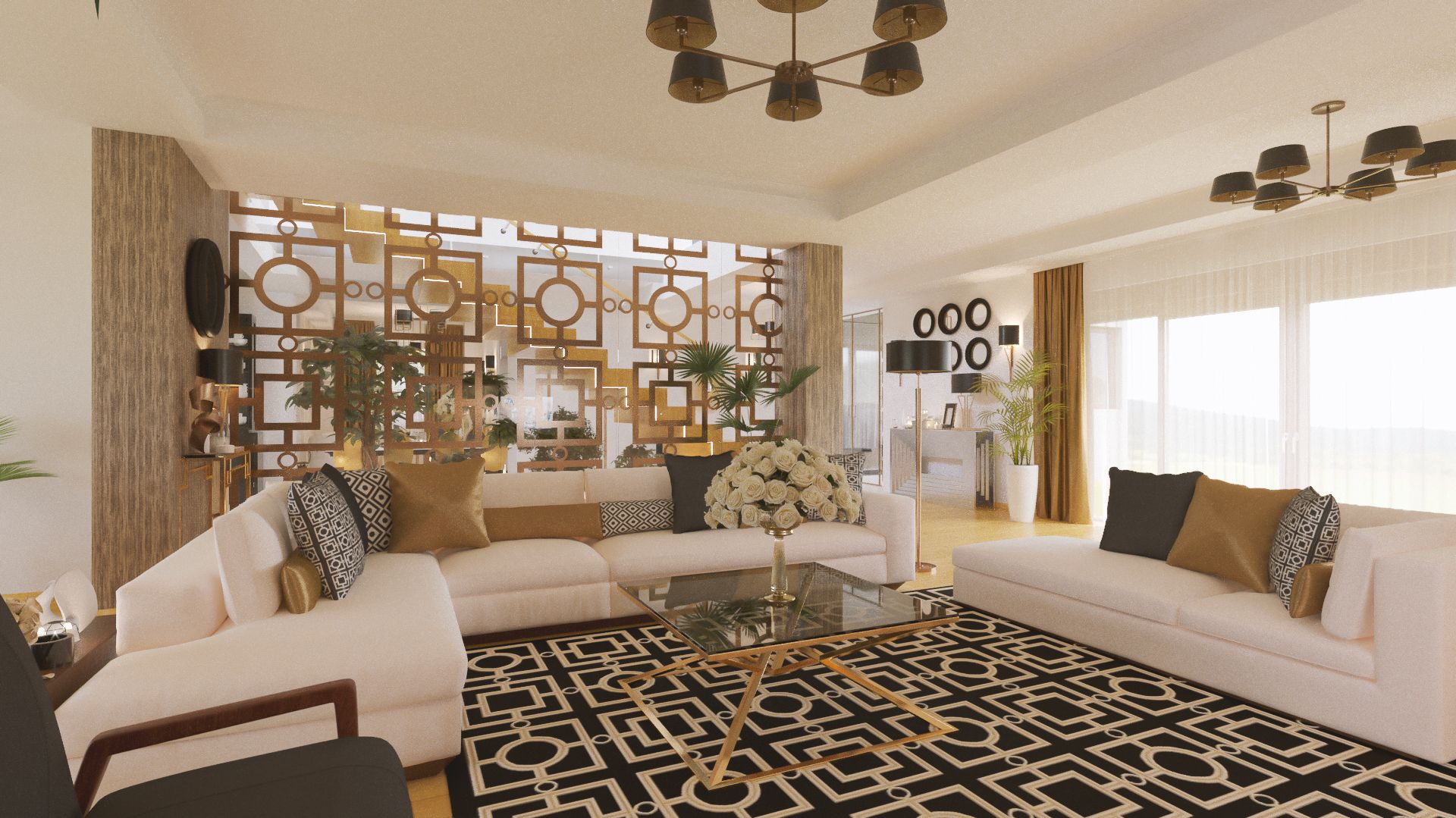 Sufragerie cu canapele albe, elemente decorative, perete cu figuri geometrice din metal auriu