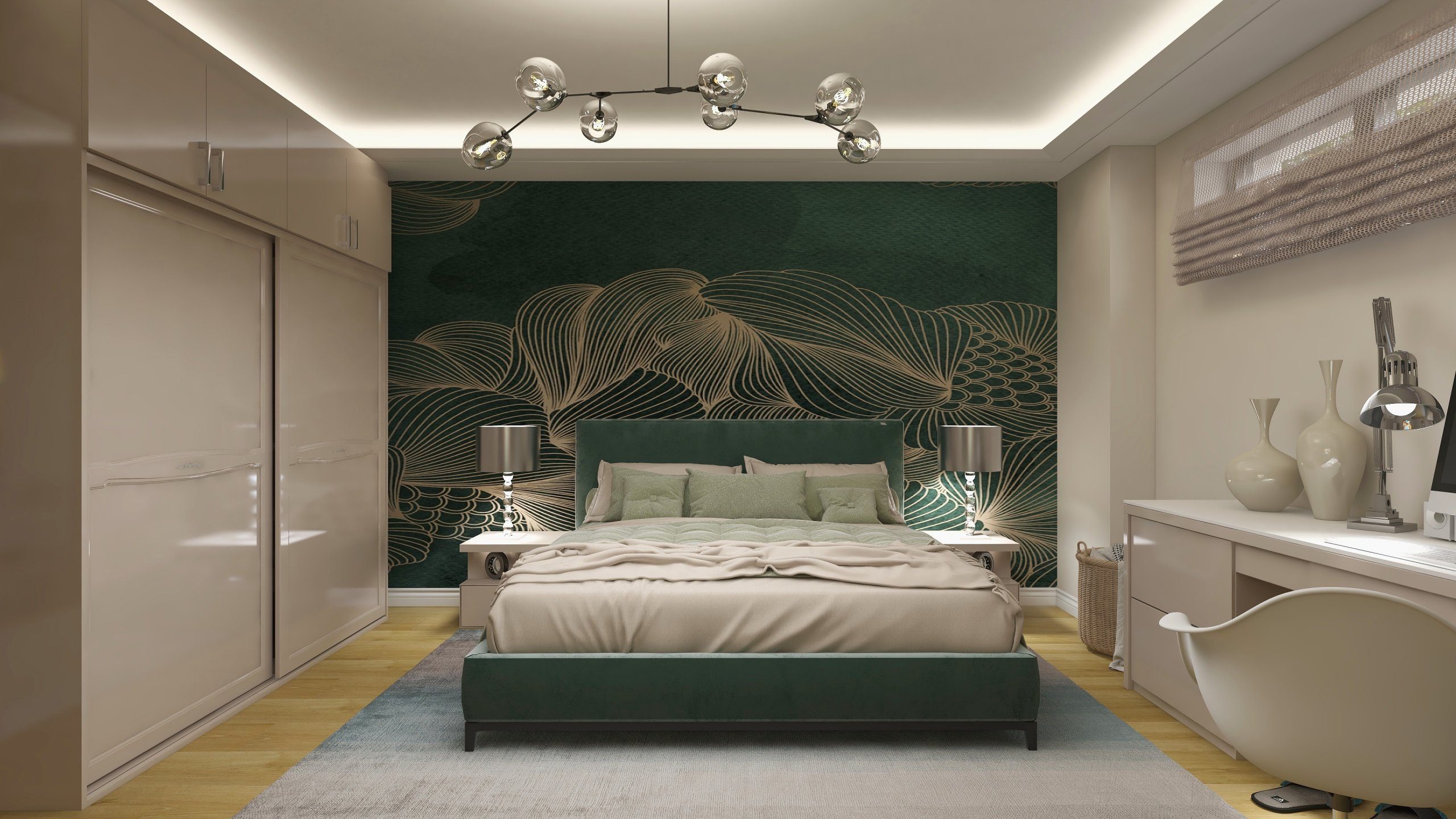 Dormitor amenajat cu tapet verde cu auriu si mult crem
